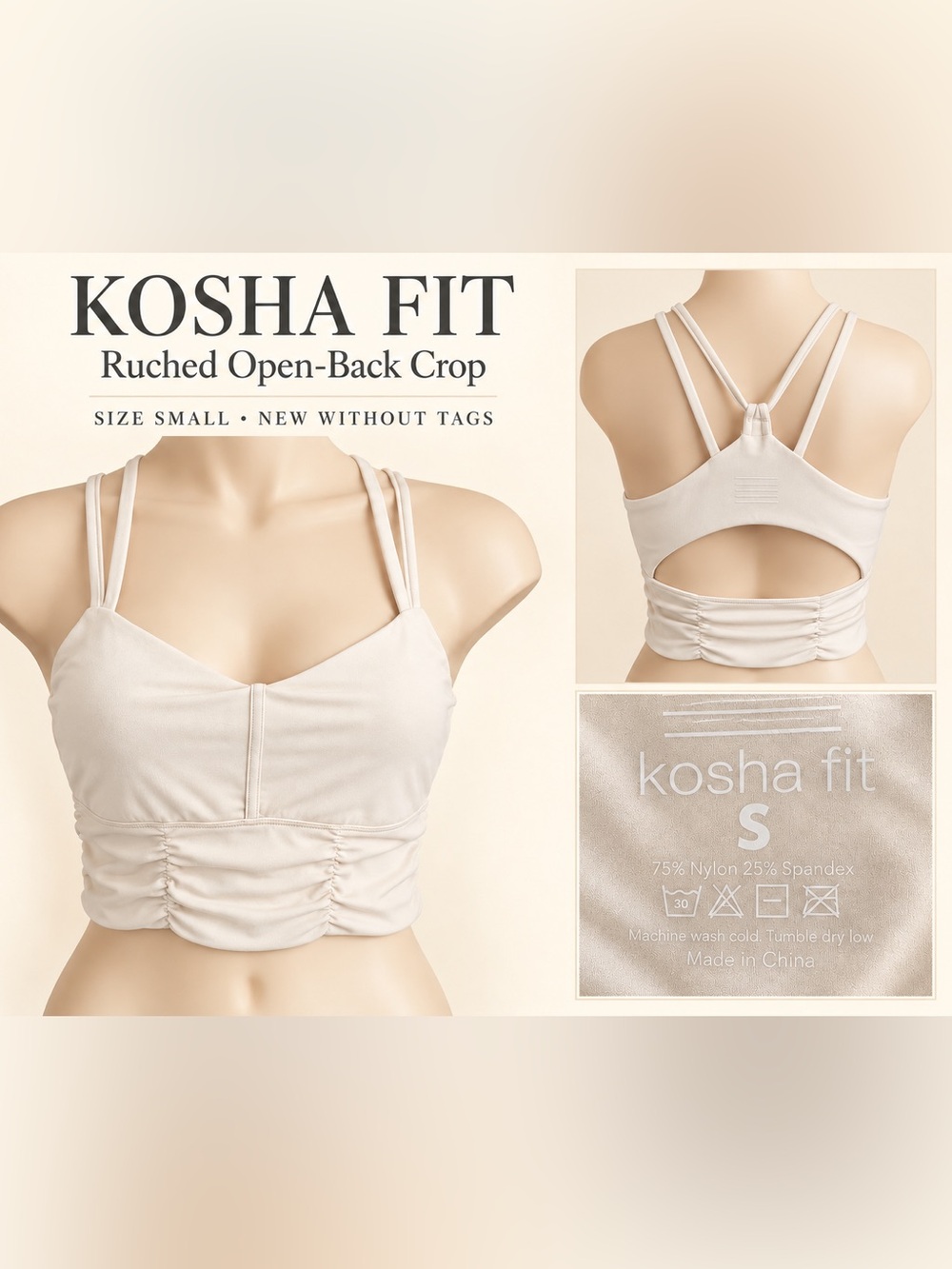Cream Ruched Longline Sports Bra Crop Top Small NWOT